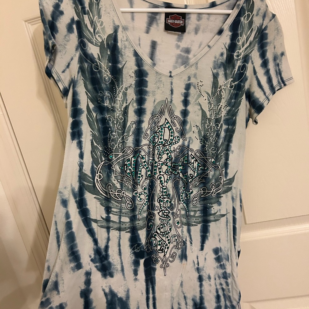 Harley-Davidson Blue Tie-Dye V-Neck Tee with Rhinestone Cross